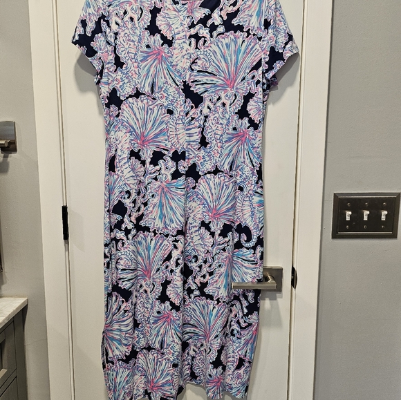 Lilly Pulitzer MALIN MIDI DRESS Deep Sea Navy Shells Bells Blue Large - Picture 2 of 7